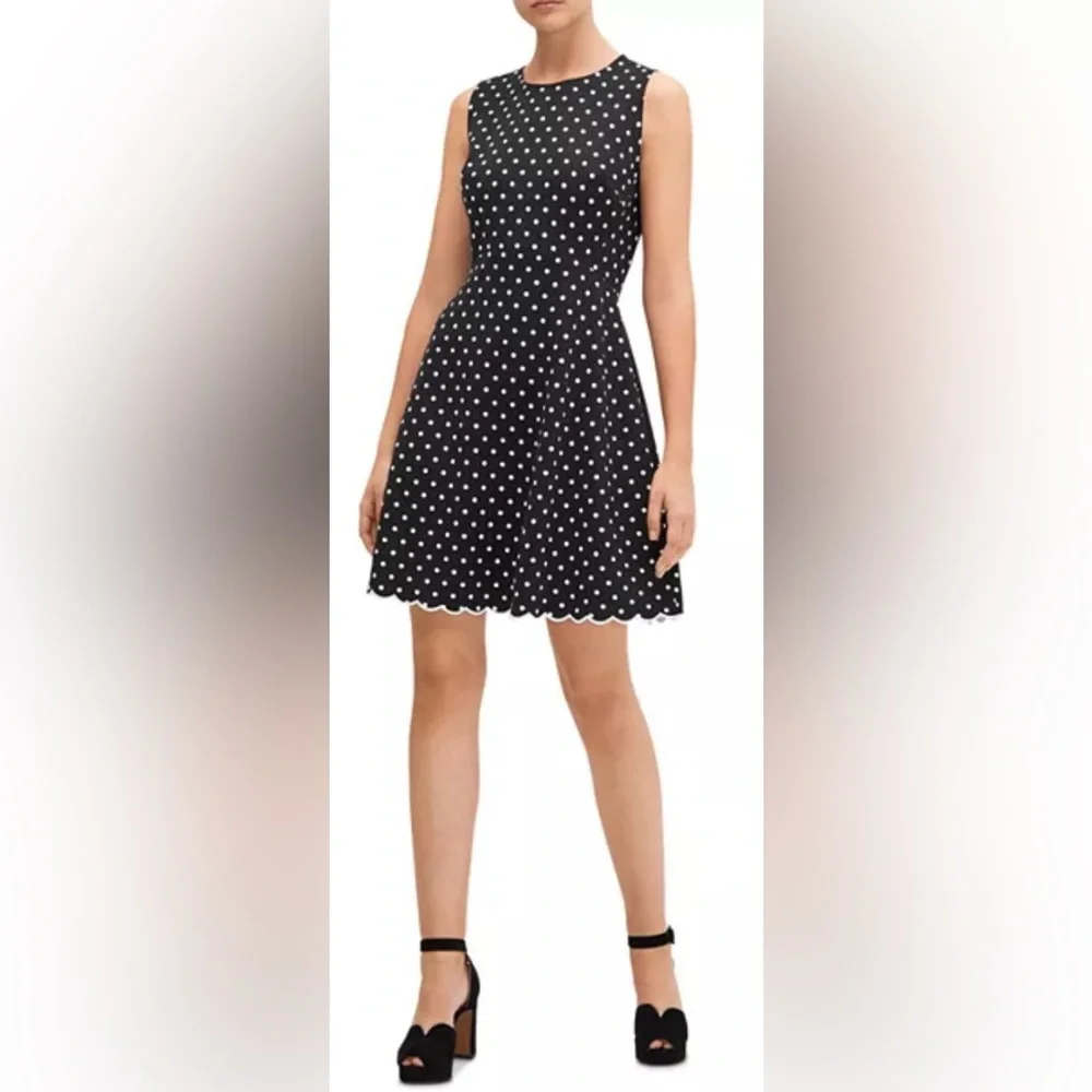 Kate Spade Sleeveless Cabana Dot Fit & Flare Ponte Mini Dress w Scallop Hemline